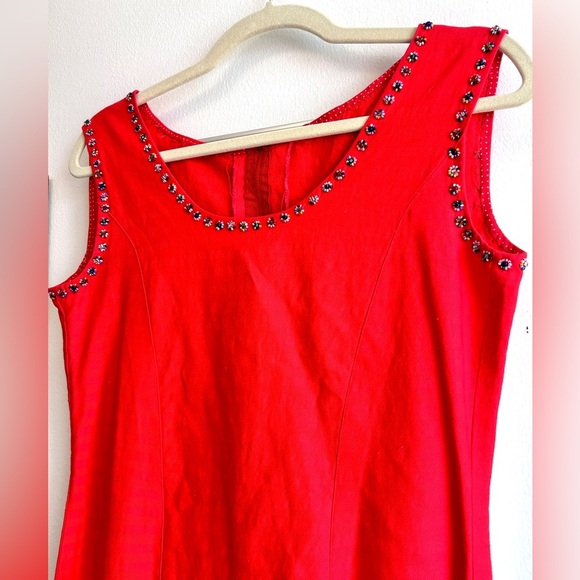 Vintage Late 90s / Y2K Embellished Beaded Red Cotton Shift Dress - Picture 8 of 8